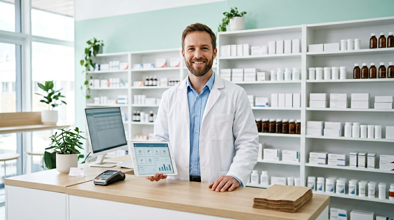 Pharmacist using the Leaphy platform behind the counter